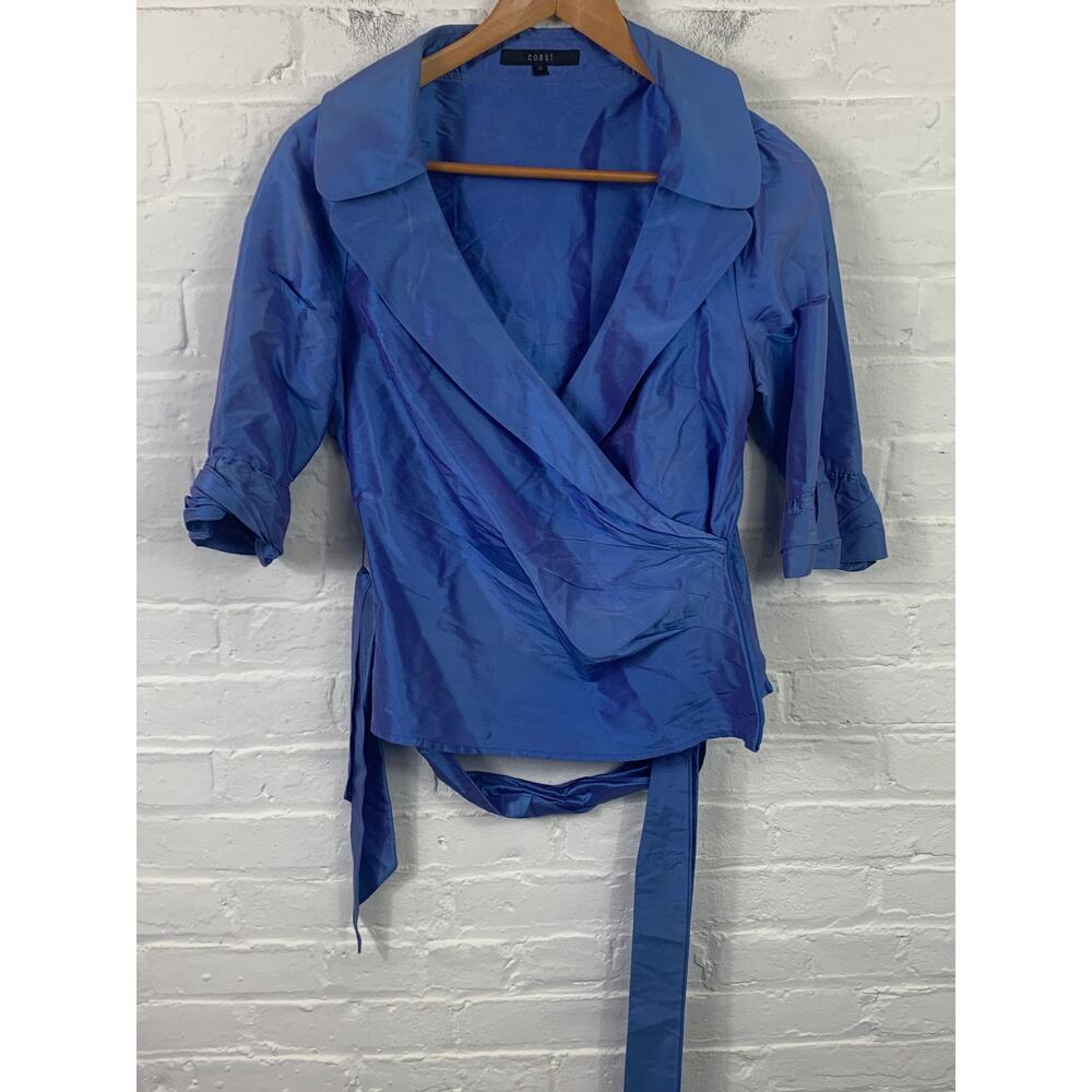 Coast Women's V-Neck Collar 3/4 Sleeve Tie Waist Wrap Blouse Blue Size 10